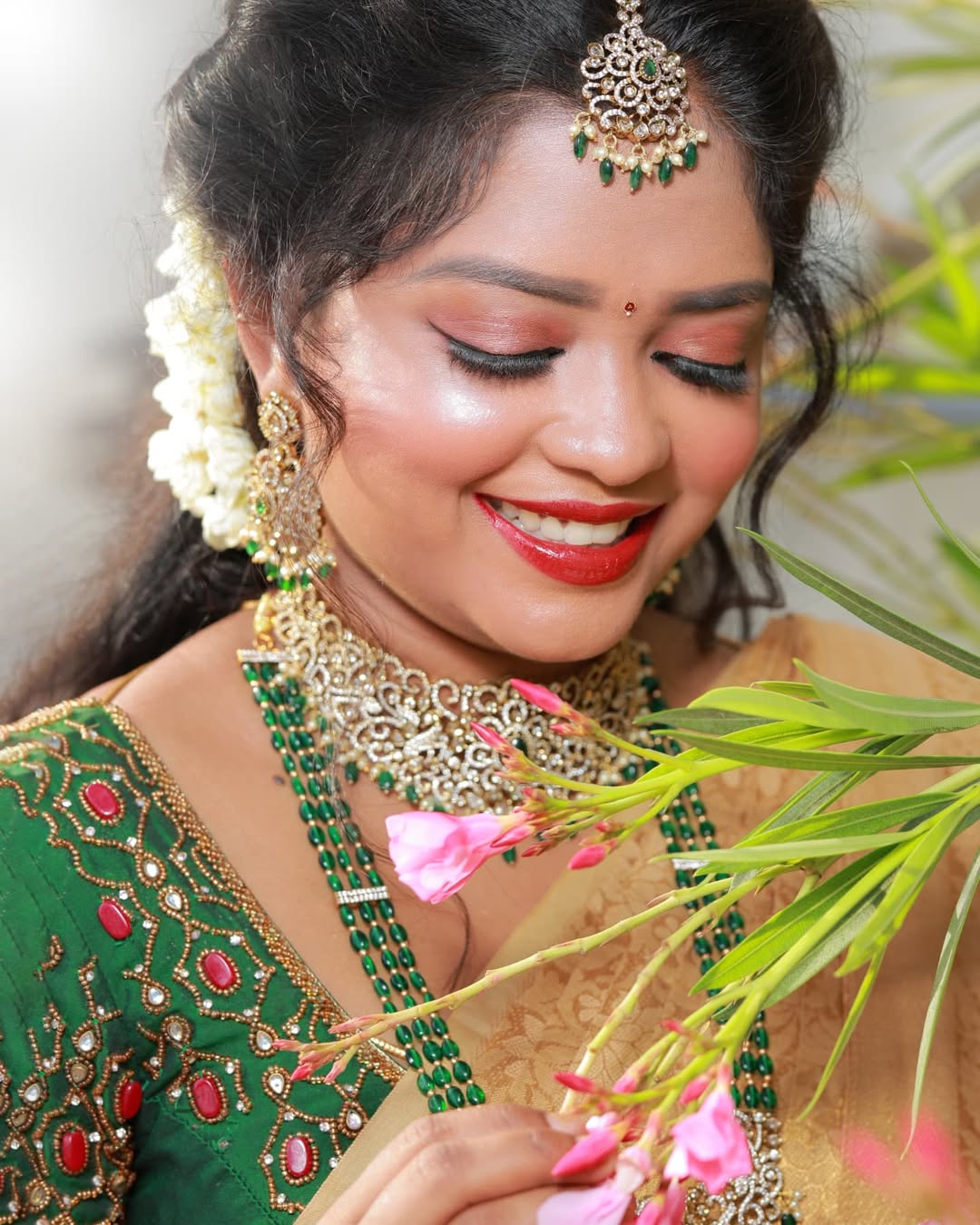 HD Bridal Makeup & Green Aari Blouse